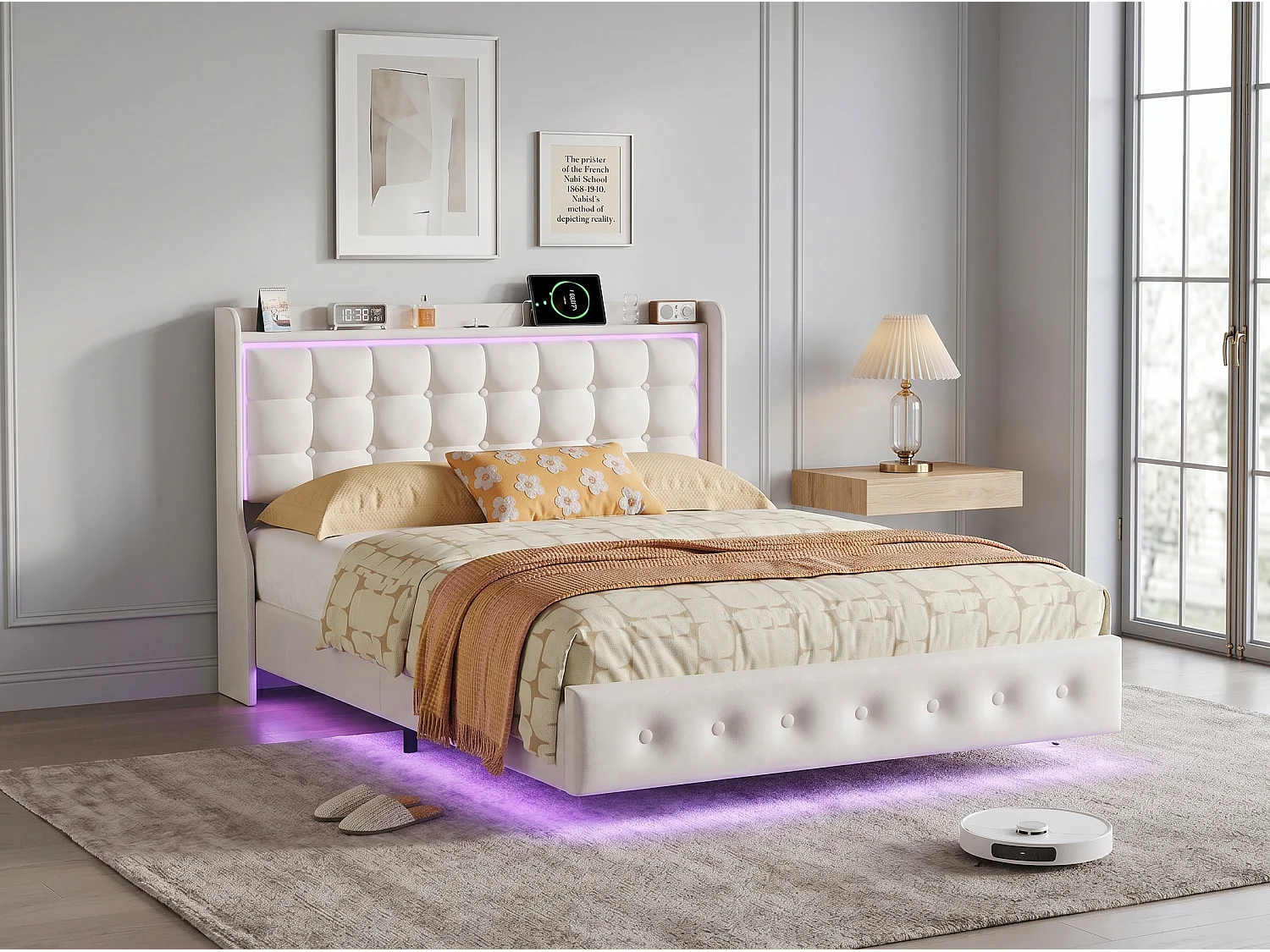 Lit double moderne rembourré - Blanc - Tête de lit capitonnée avec étagère et LED