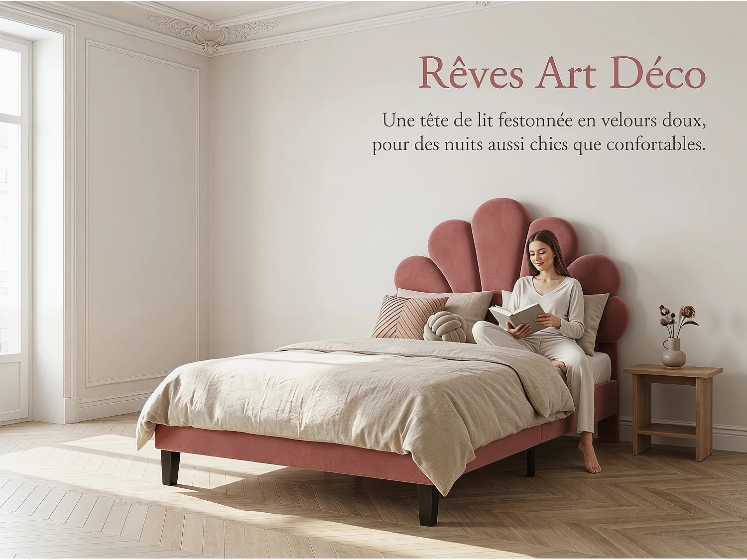 Lit enfant - 90 x 200 cm - Tête de lit fleur rembourrée en velours - Rose avec sommier