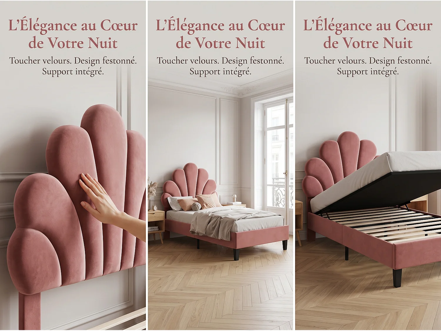 Lit enfant - 90 x 200 cm - Tête de lit fleur rembourrée en velours - Rose avec sommier