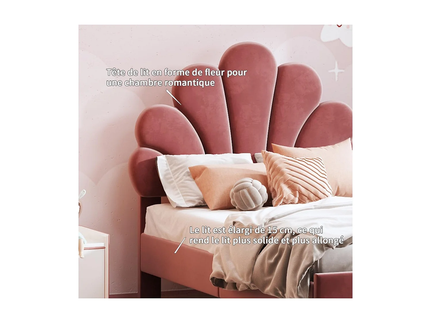 Lit enfant - 90 x 200 cm - Tête de lit fleur rembourrée en velours - Rose avec sommier
