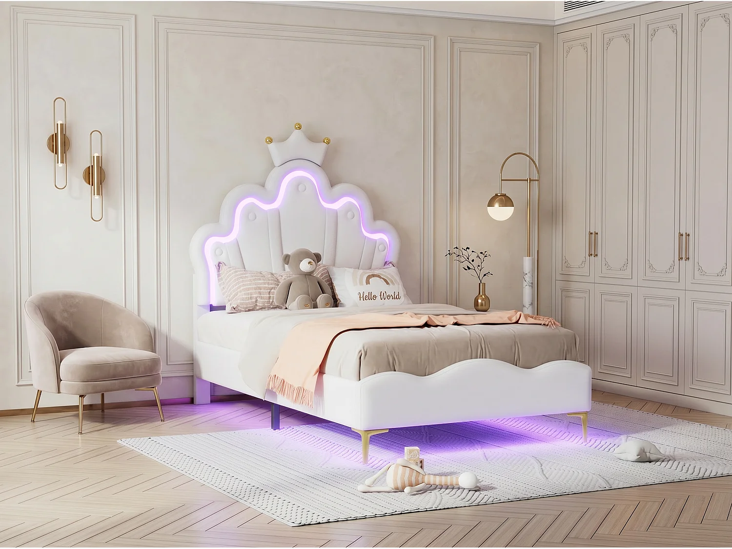 Lit enfant couronne 90 x 200 cm - Tissu blanc - LED, USB et tête de lit nuage