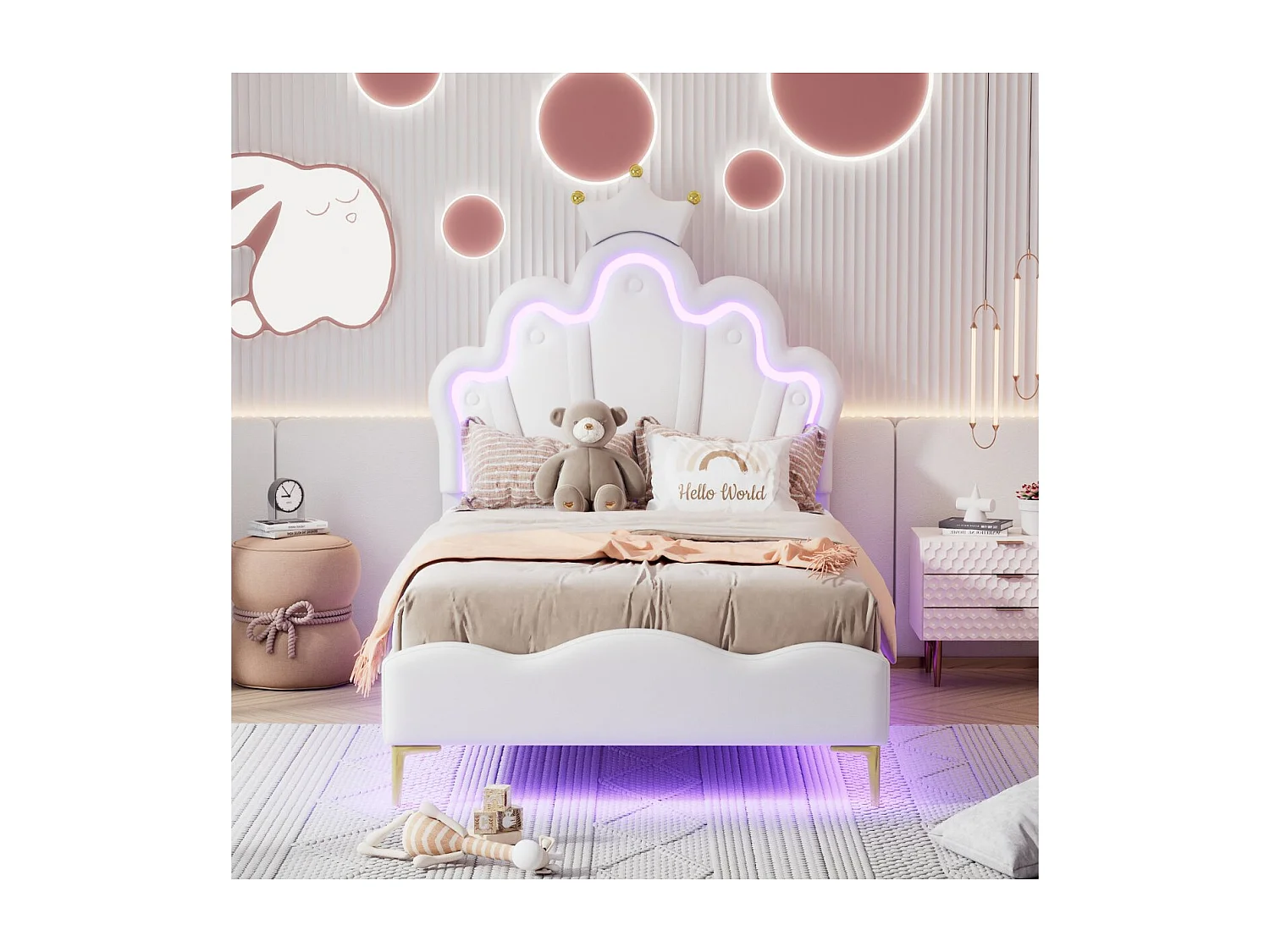 Lit enfant couronne 90 x 200 cm - Tissu blanc - LED, USB et tête de lit nuage