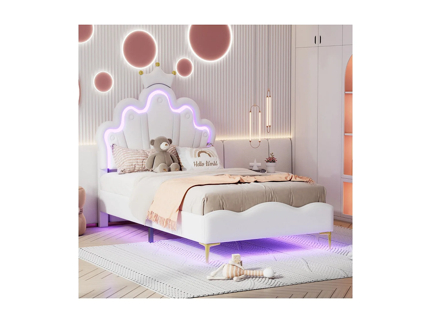 Lit enfant couronne 90 x 200 cm - Tissu blanc - LED, USB et tête de lit nuage