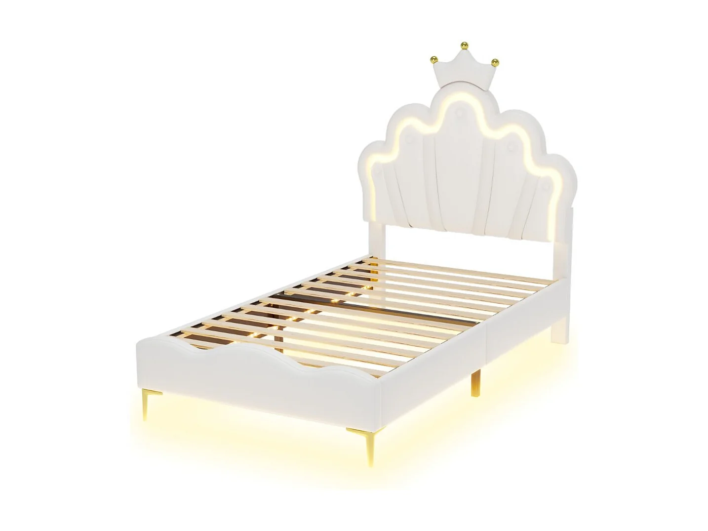 Lit enfant couronne 90 x 200 cm - Tissu blanc - LED, USB et tête de lit nuage