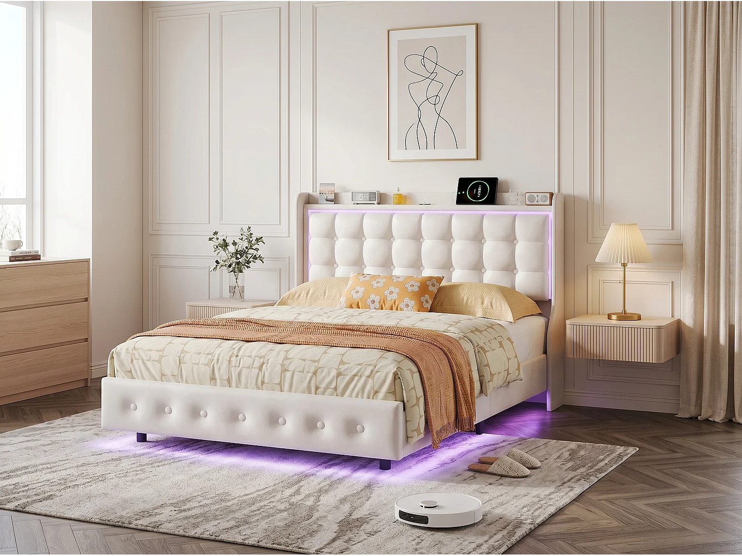 Lit double rembourré - Blanc - LED et tête de lit capitonnée avec étagère