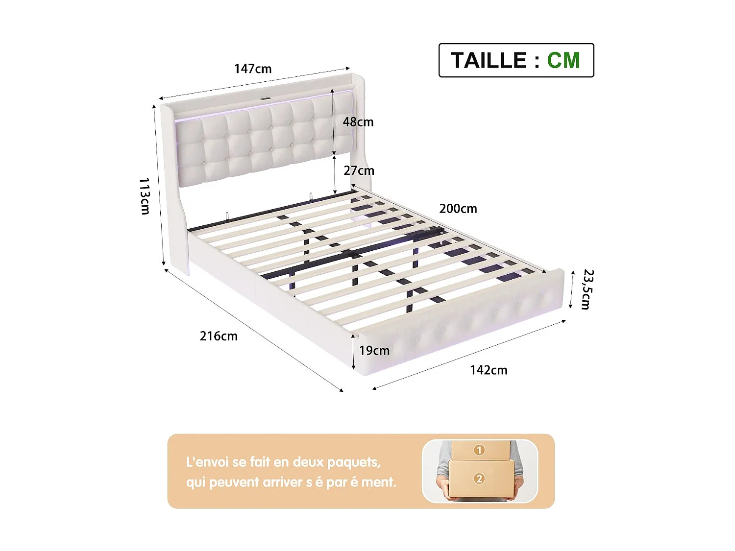 Lit double rembourré - Blanc - LED et tête de lit capitonnée avec étagère