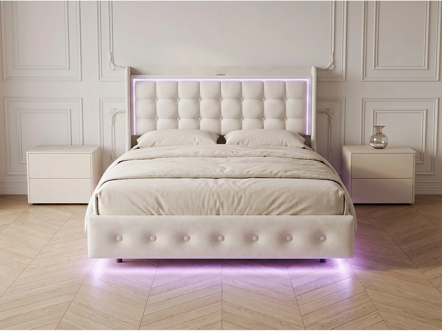 Lit double rembourré - Blanc - LED et tête de lit capitonnée avec étagère