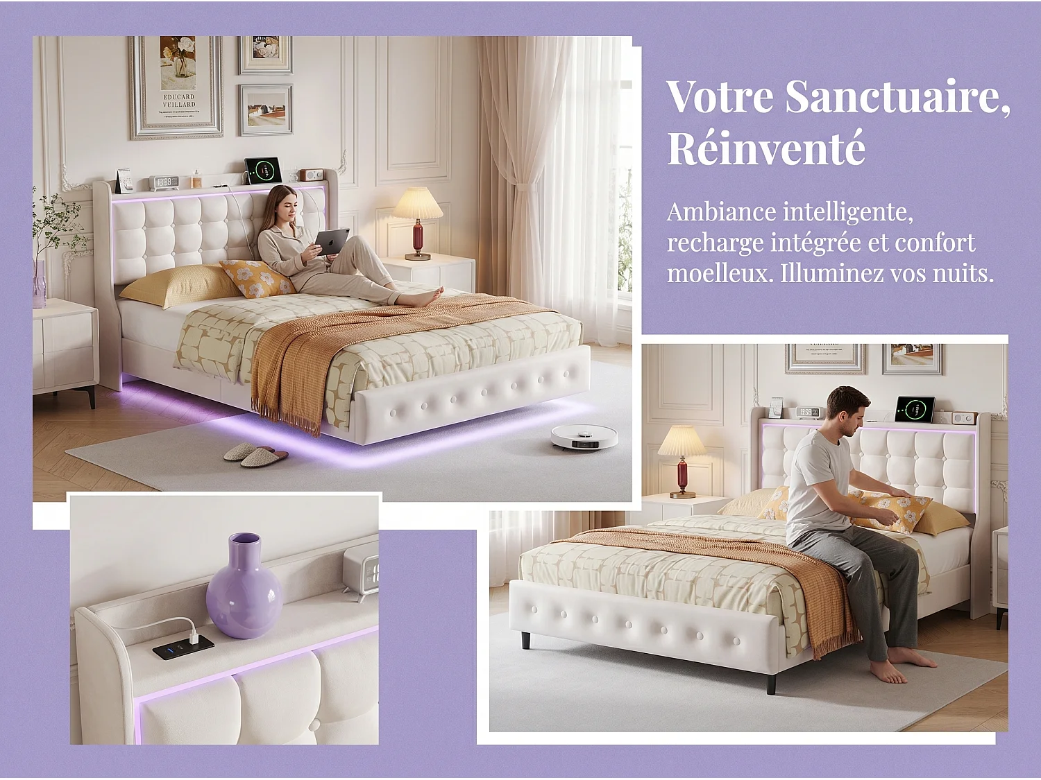 Lit double rembourré - Blanc - LED et tête de lit capitonnée avec étagère