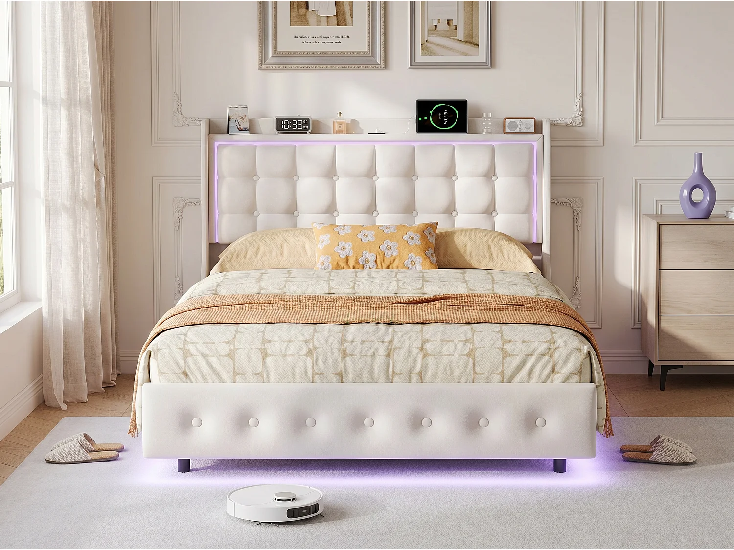 Lit double rembourré - Blanc - LED et tête de lit capitonnée avec étagère