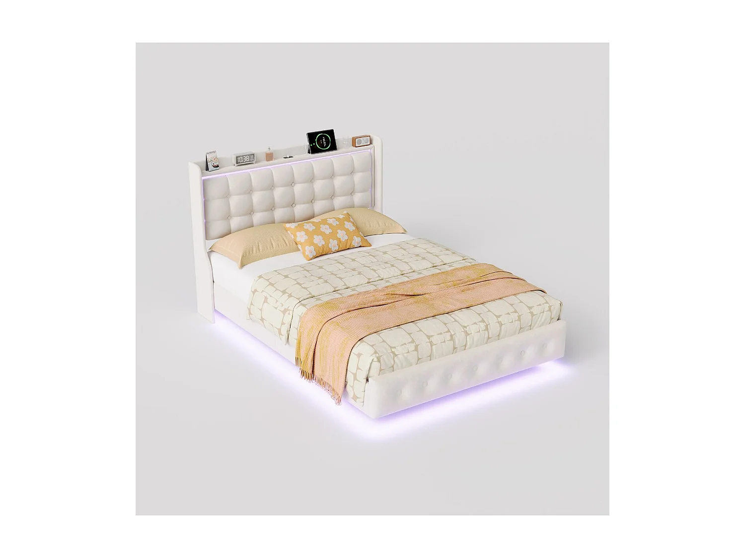 Lit double rembourré - Blanc - LED et tête de lit capitonnée avec étagère