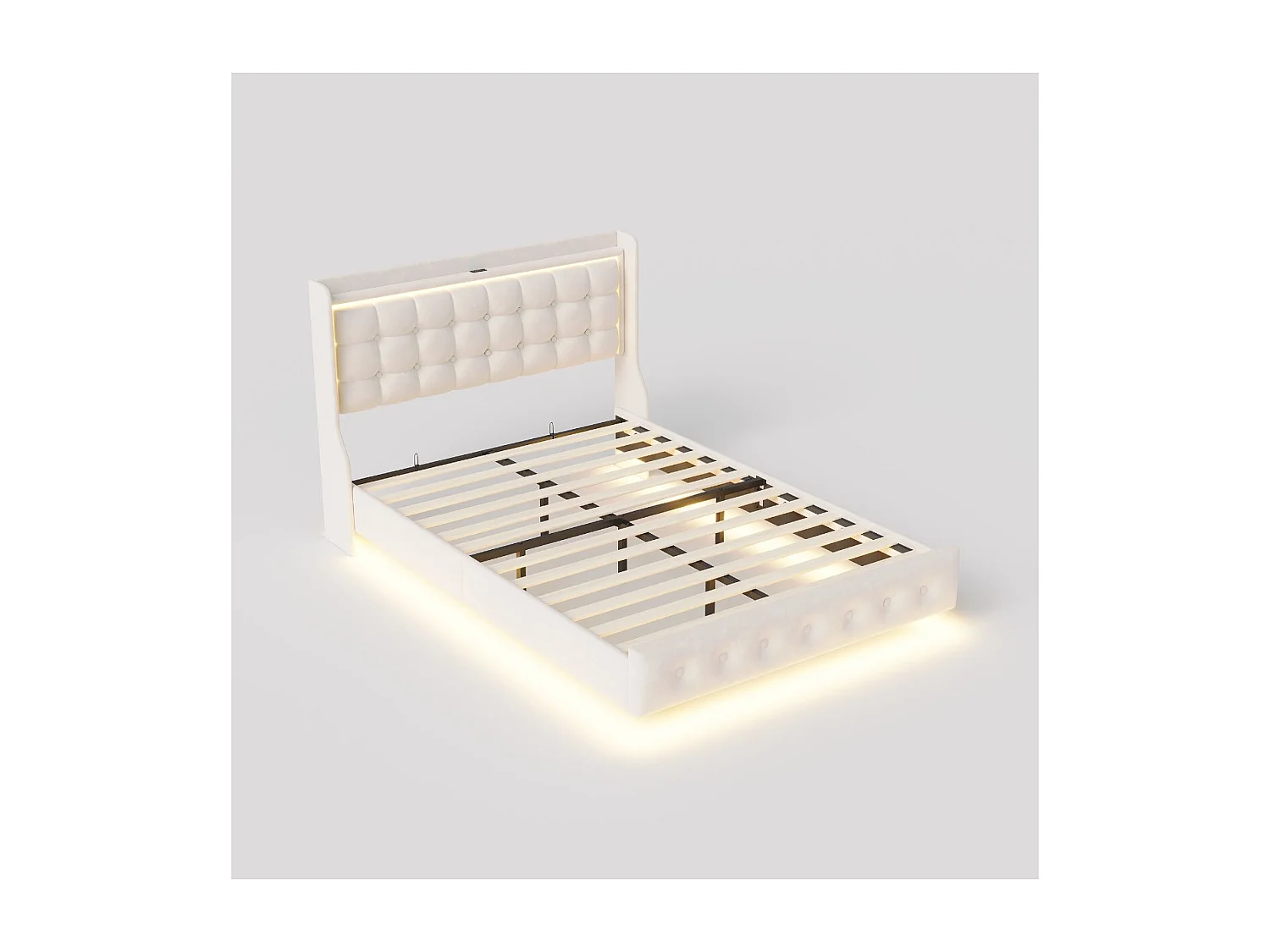 Lit double rembourré - Blanc - LED et tête de lit capitonnée avec étagère