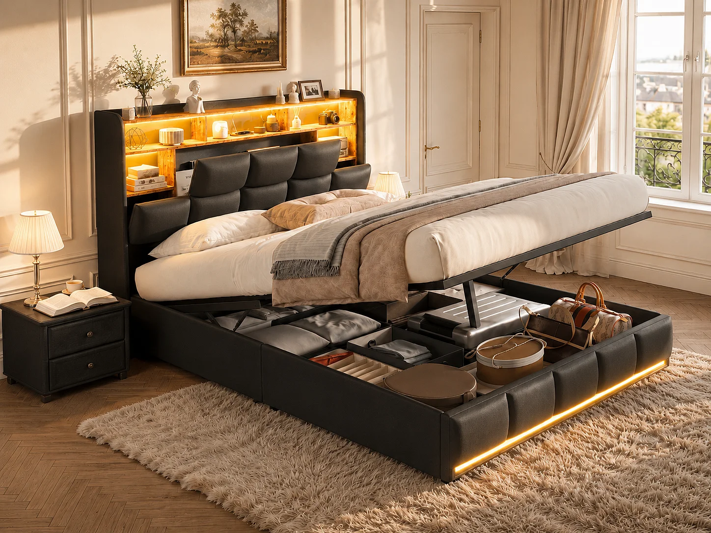 Lit modulable 160 x 200 cm avec tête de lit - LED, USB et rangement