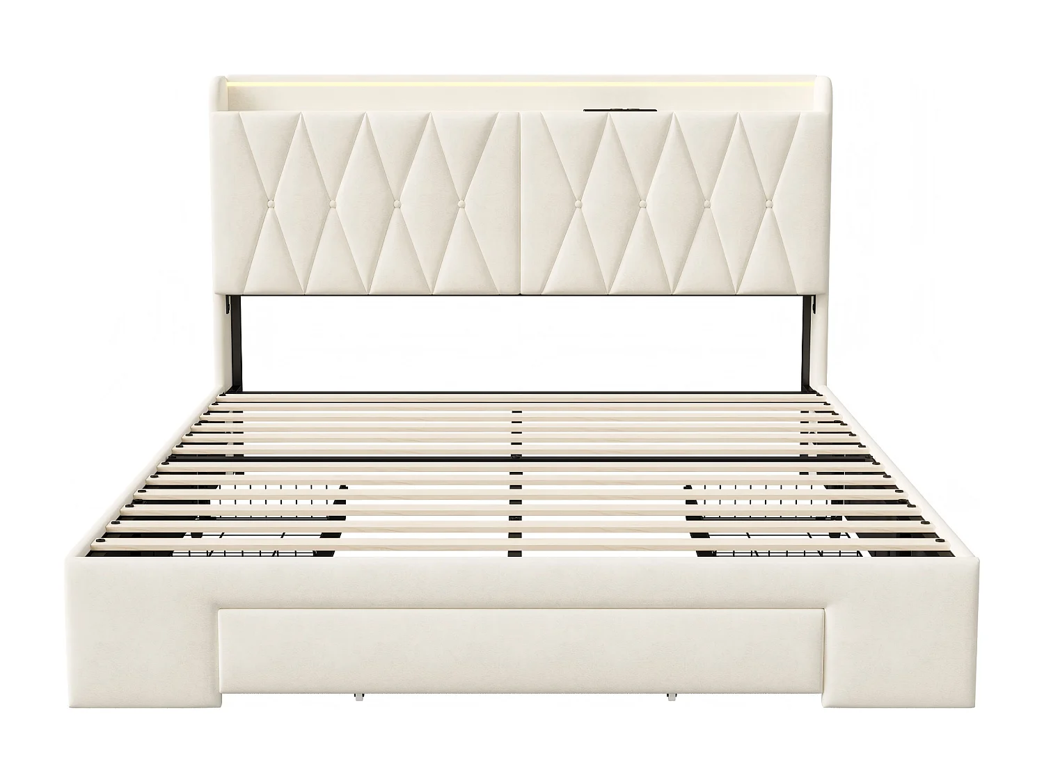 Lit double rembourré - Velours beige - Rangement, tiroirs, LED RGB, USB et Type-C
