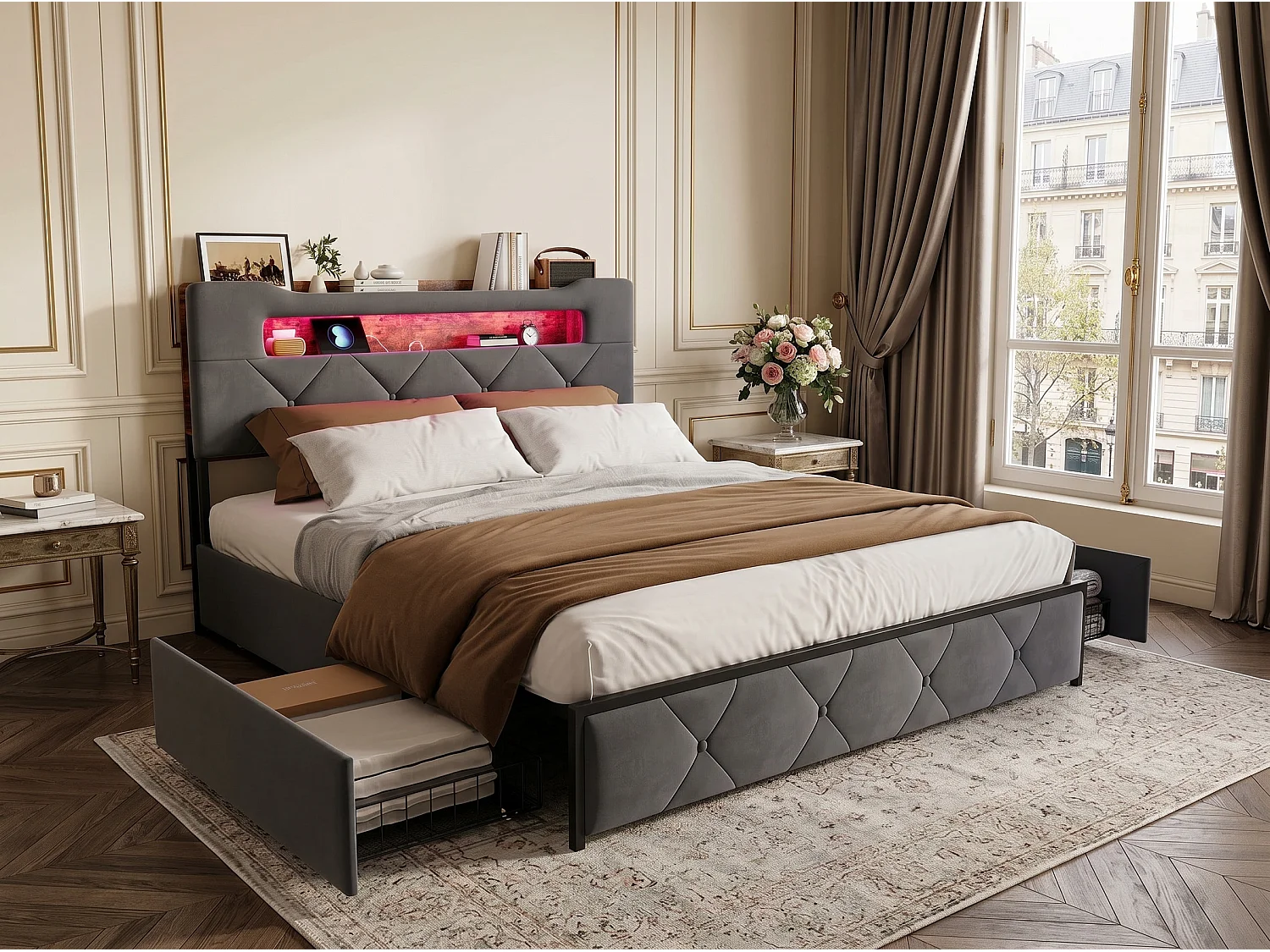 Lit rembourré 140x200 cm - LED et USB - 4 tiroirs - tête de lit avec rangement - métal et bois gris
