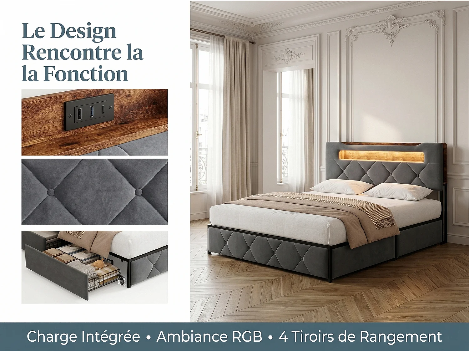 Lit rembourré 140x200 cm - LED et USB - 4 tiroirs - tête de lit avec rangement - métal et bois gris