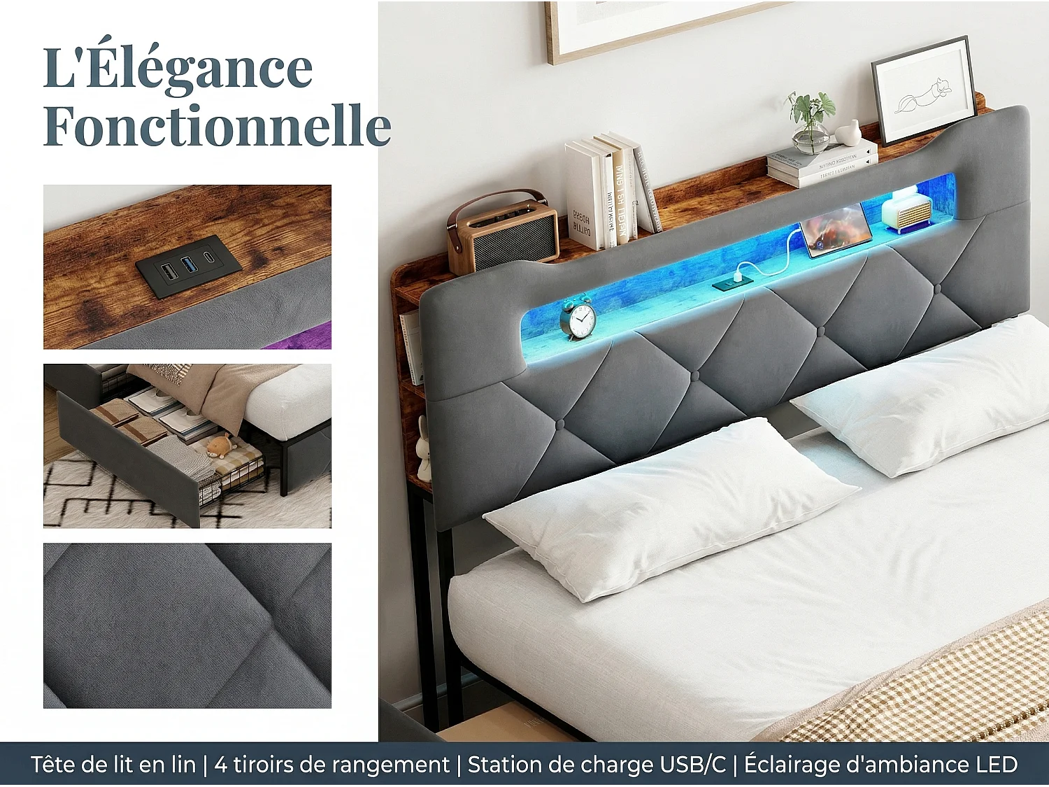 Lit rembourré 140x200 cm - LED et USB - 4 tiroirs - tête de lit avec rangement - métal et bois gris