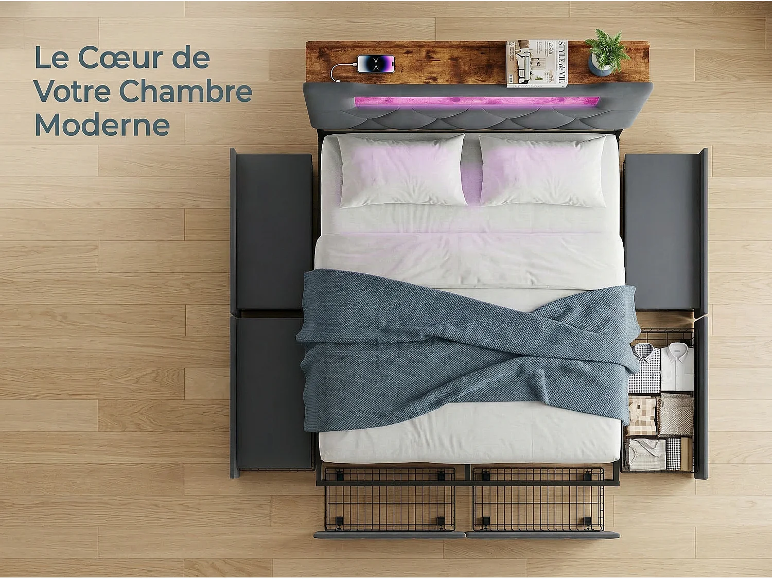 Lit rembourré 140x200 cm - LED et USB - 4 tiroirs - tête de lit avec rangement - métal et bois gris