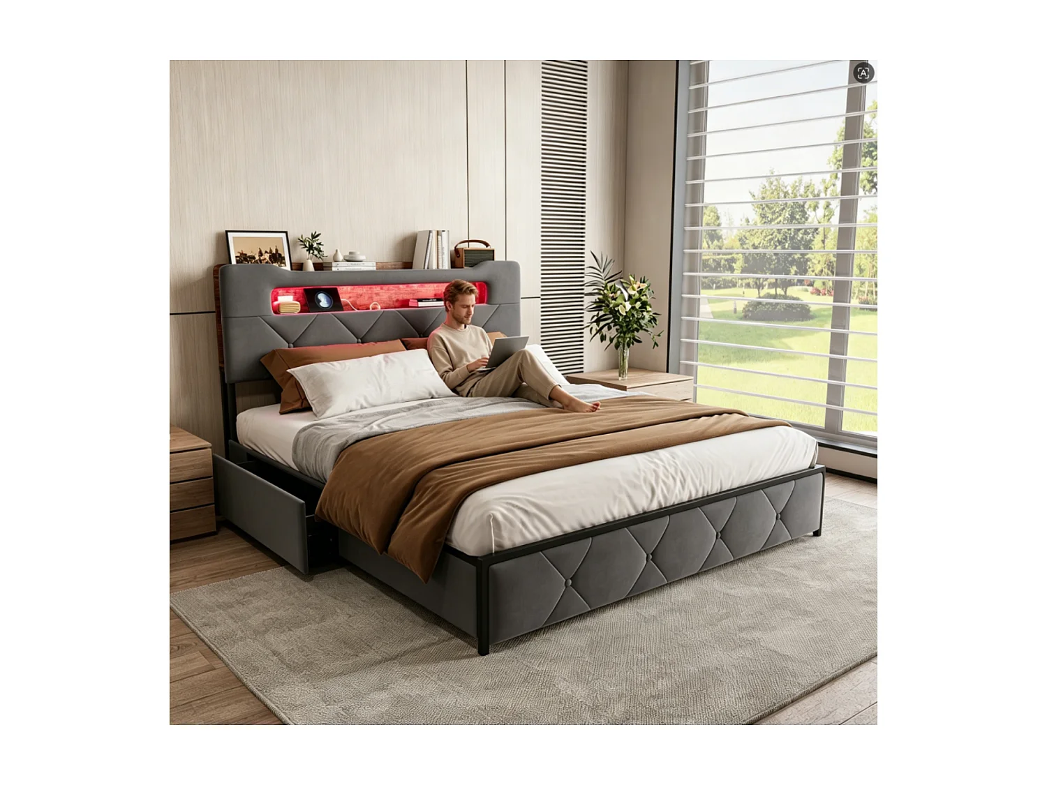 Lit rembourré 140x200 cm - LED et USB - 4 tiroirs - tête de lit avec rangement - métal et bois gris