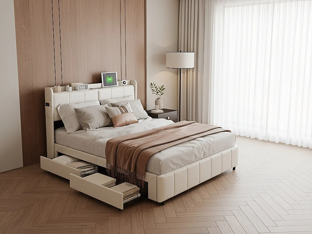 Lit double avec tiroirs 160 x 200 cm - Simili cuir blanc - USB et tête de lit avec rangement