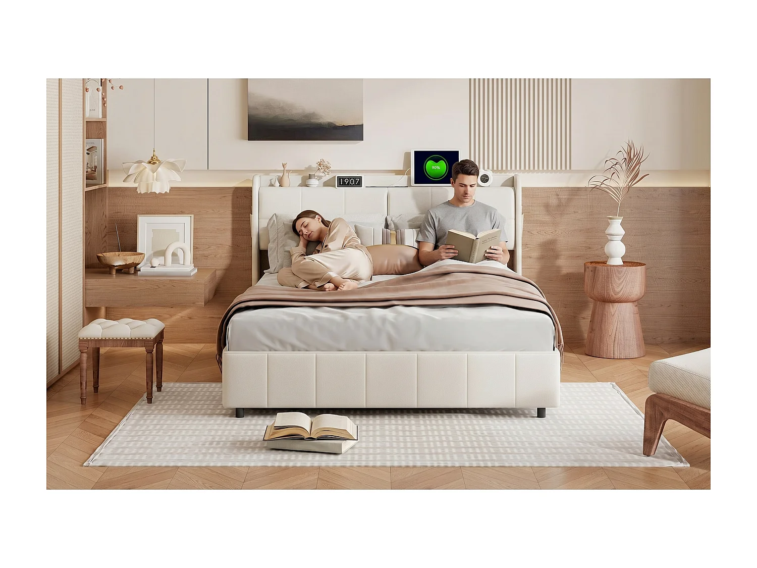 Lit double avec tiroirs 160 x 200 cm - Simili cuir blanc - USB et tête de lit avec rangement