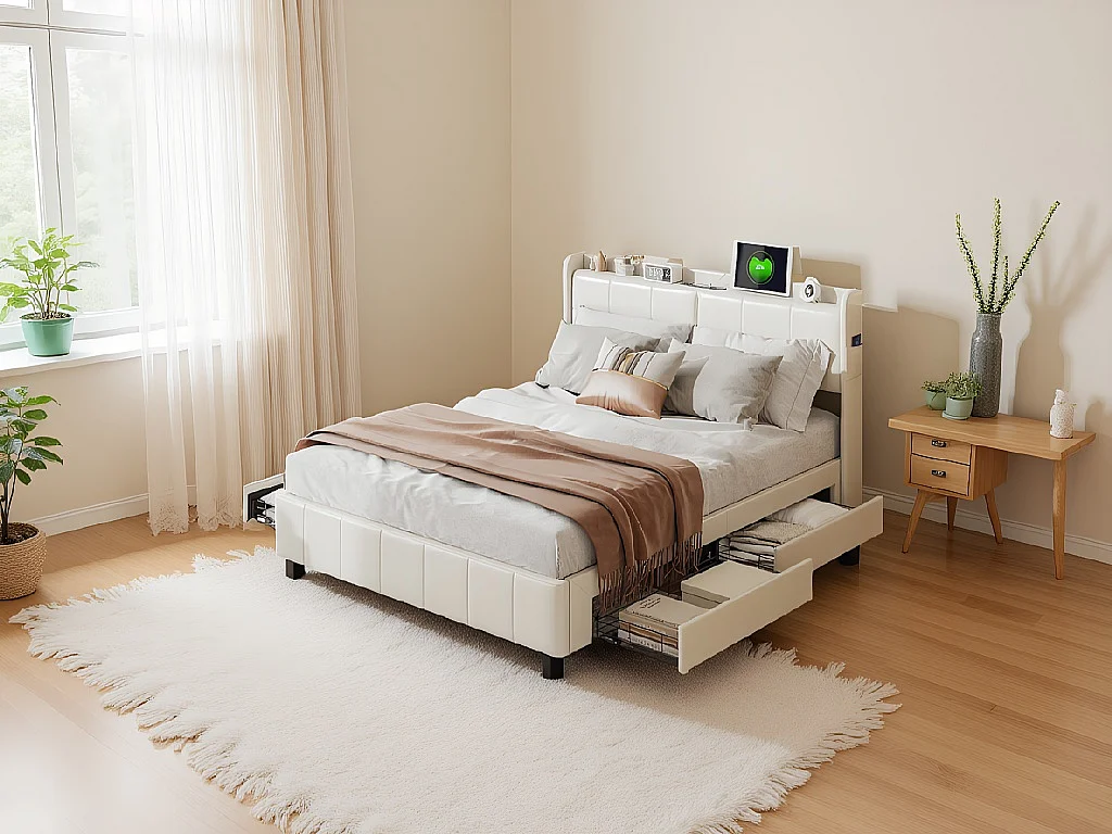 Lit double avec tiroirs 160 x 200 cm - Simili cuir blanc - USB et tête de lit avec rangement