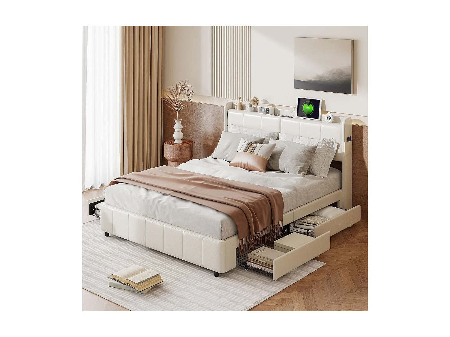 Lit double avec tiroirs 160 x 200 cm - Simili cuir blanc - USB et tête de lit avec rangement