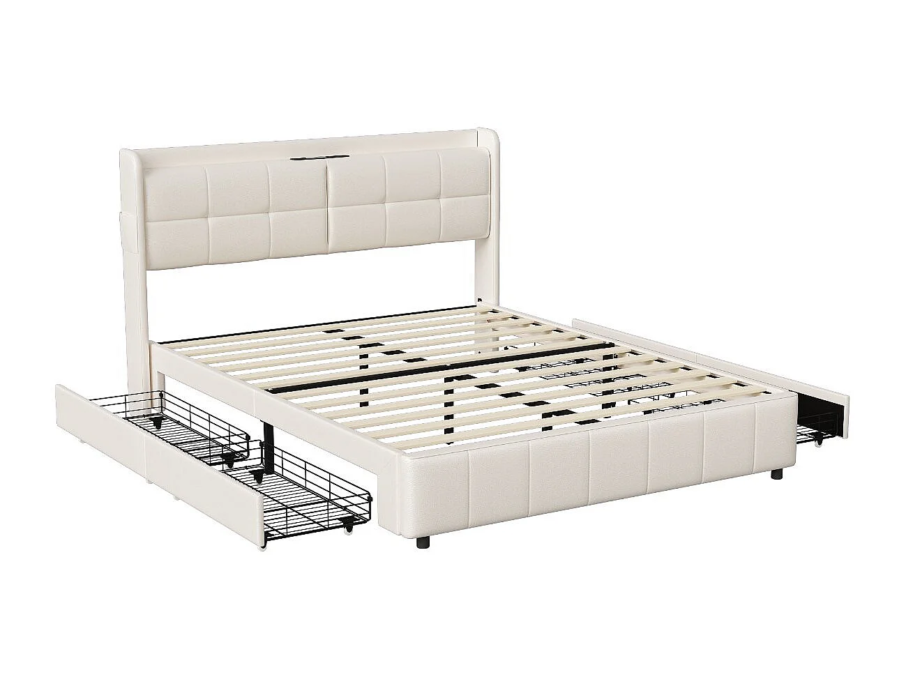 Lit double avec tiroirs 160 x 200 cm - Simili cuir blanc - USB et tête de lit avec rangement