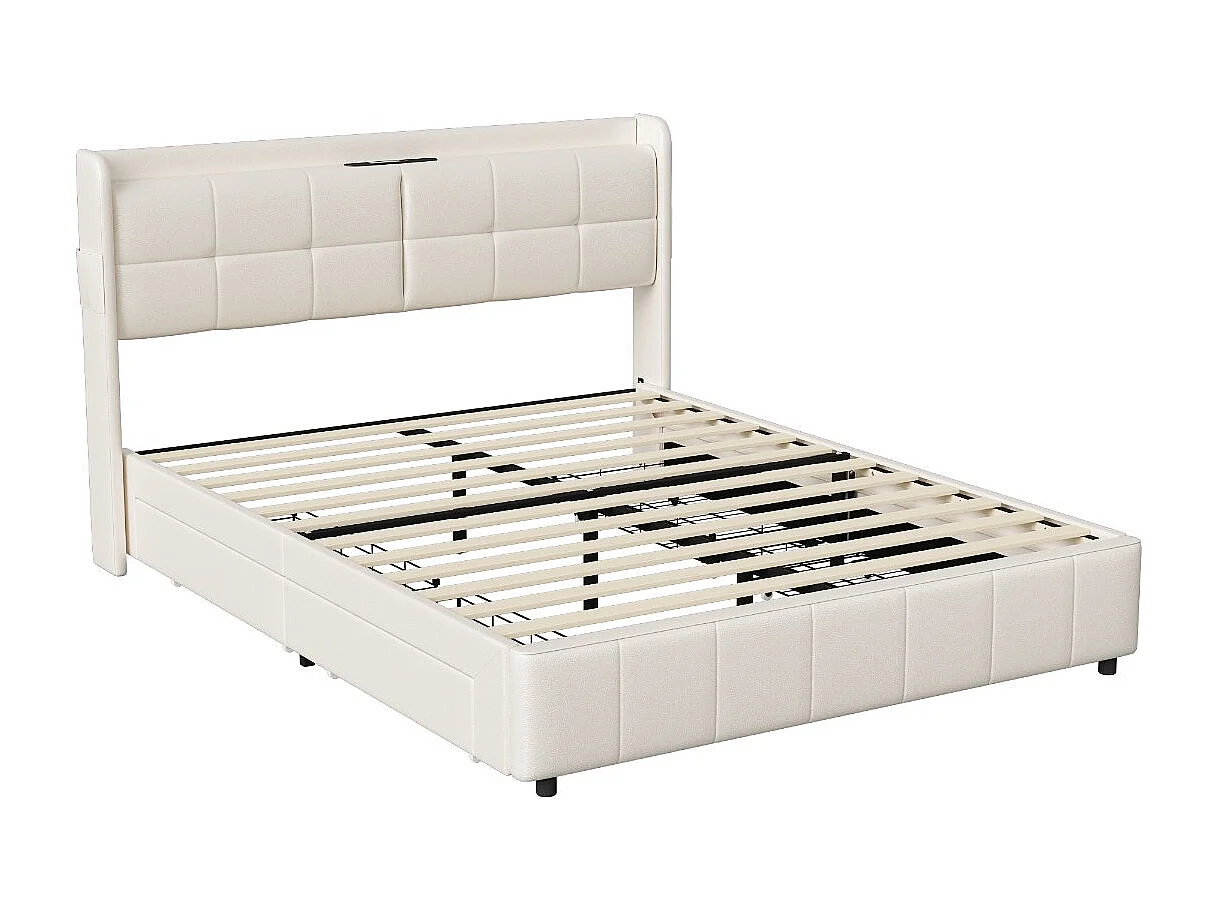 Lit double avec tiroirs 160 x 200 cm - Simili cuir blanc - USB et tête de lit avec rangement