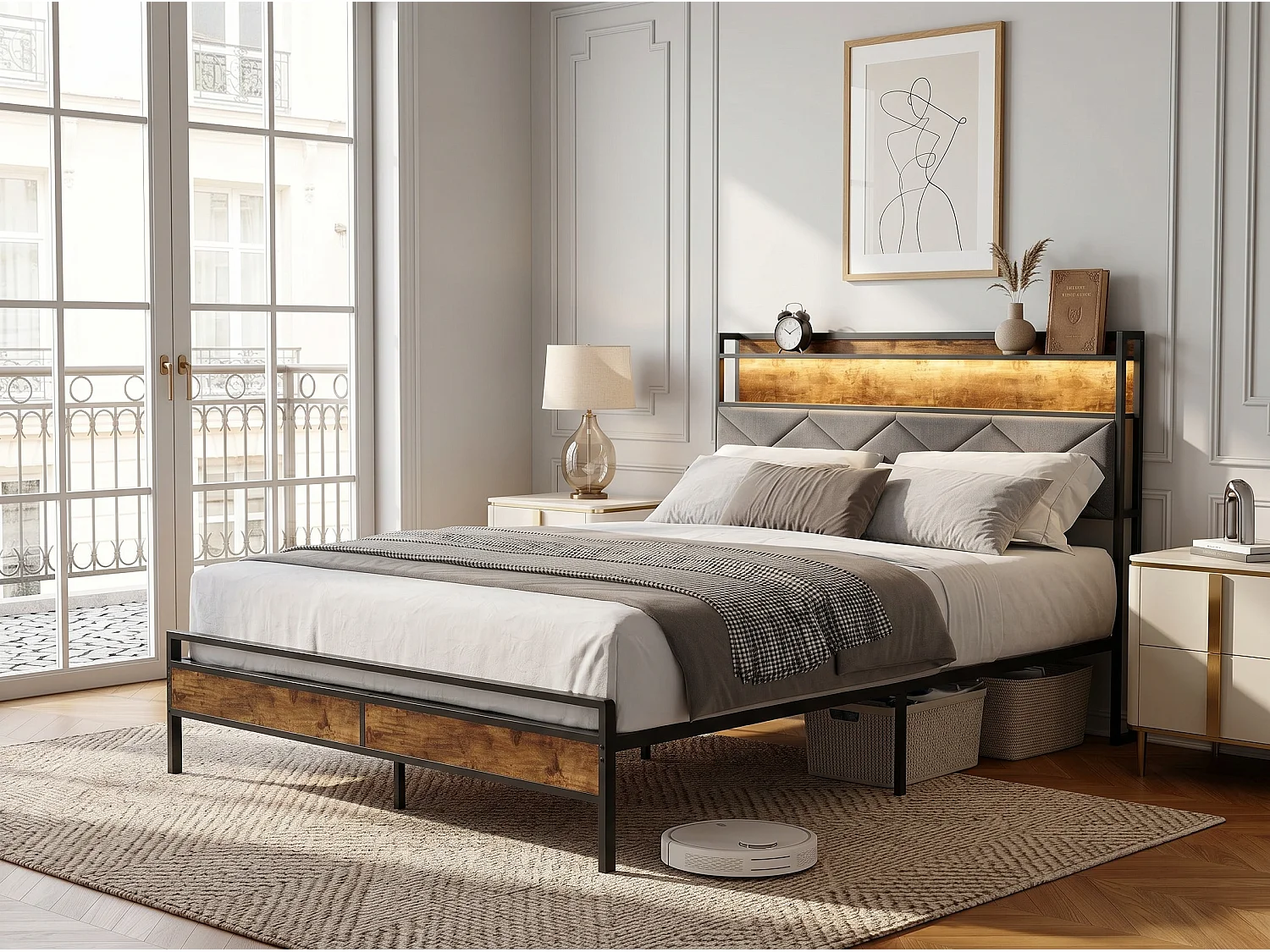 Lit industriel style loft - Métal et bois - Tête de lit avec rangement et LED