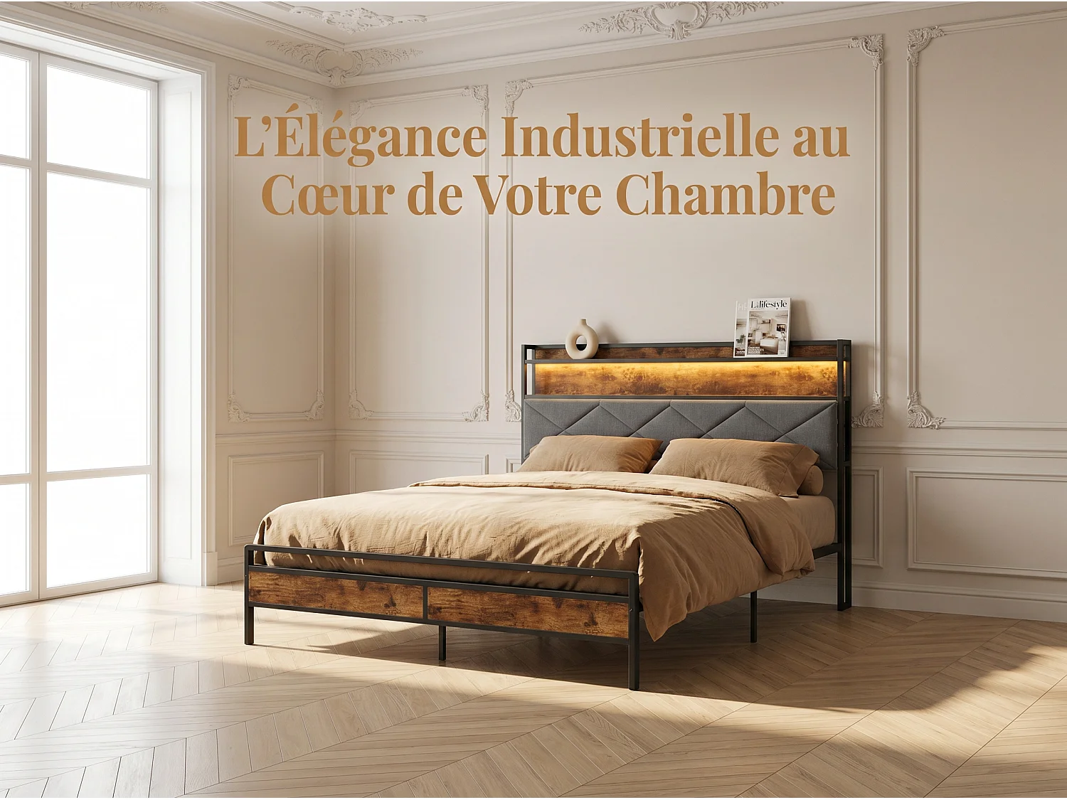 Lit industriel style loft - Métal et bois - Tête de lit avec rangement et LED