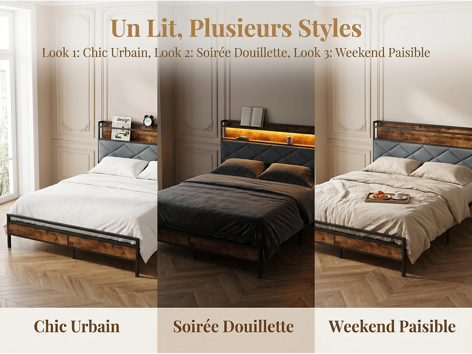 Lit industriel style loft - Métal et bois - Tête de lit avec rangement et LED