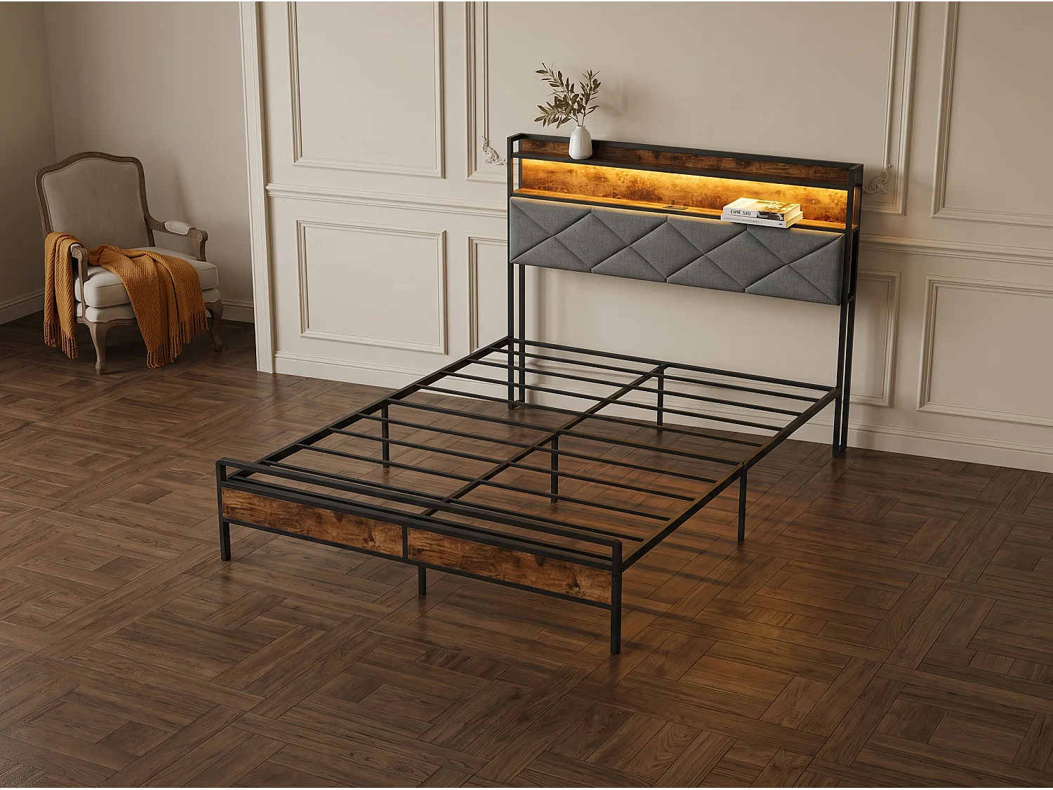 Lit industriel style loft - Métal et bois - Tête de lit avec rangement et LED