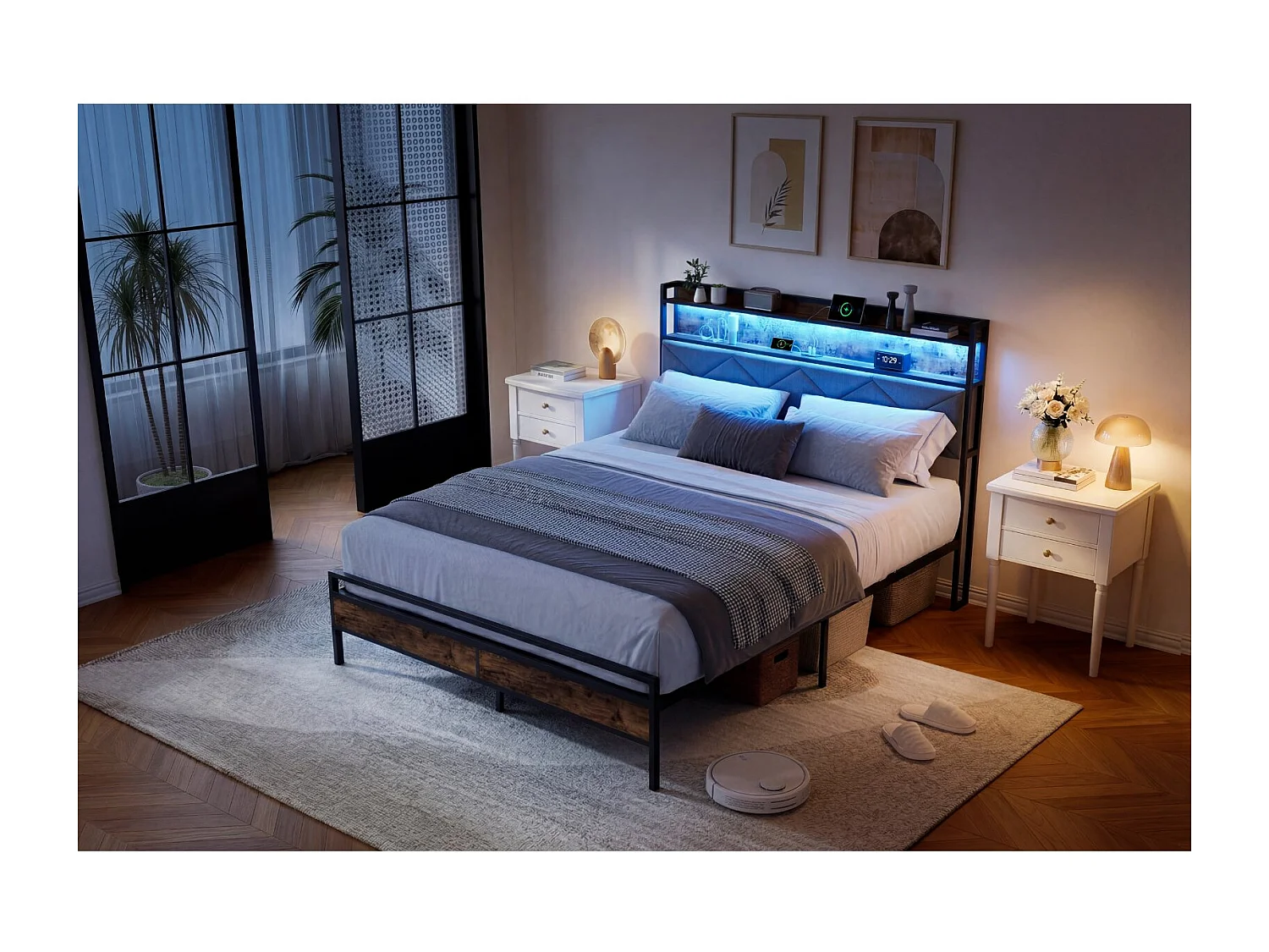 Lit industriel style loft - Métal et bois - Tête de lit avec rangement et LED