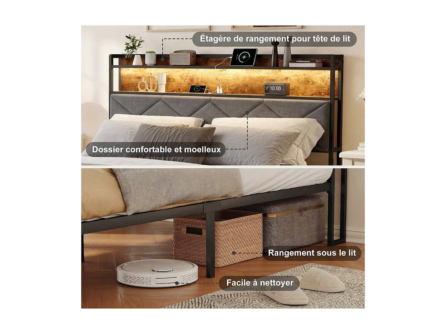 Lit industriel style loft - Métal et bois - Tête de lit avec rangement et LED