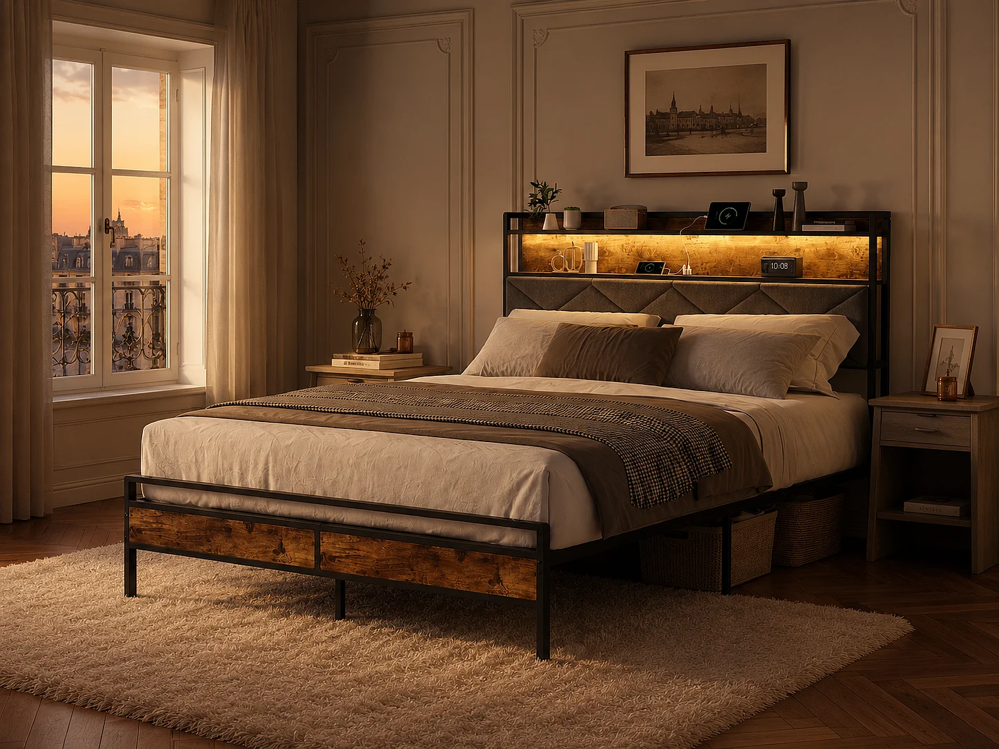 Lit industriel style loft - Métal et bois - Tête de lit avec rangement et LED