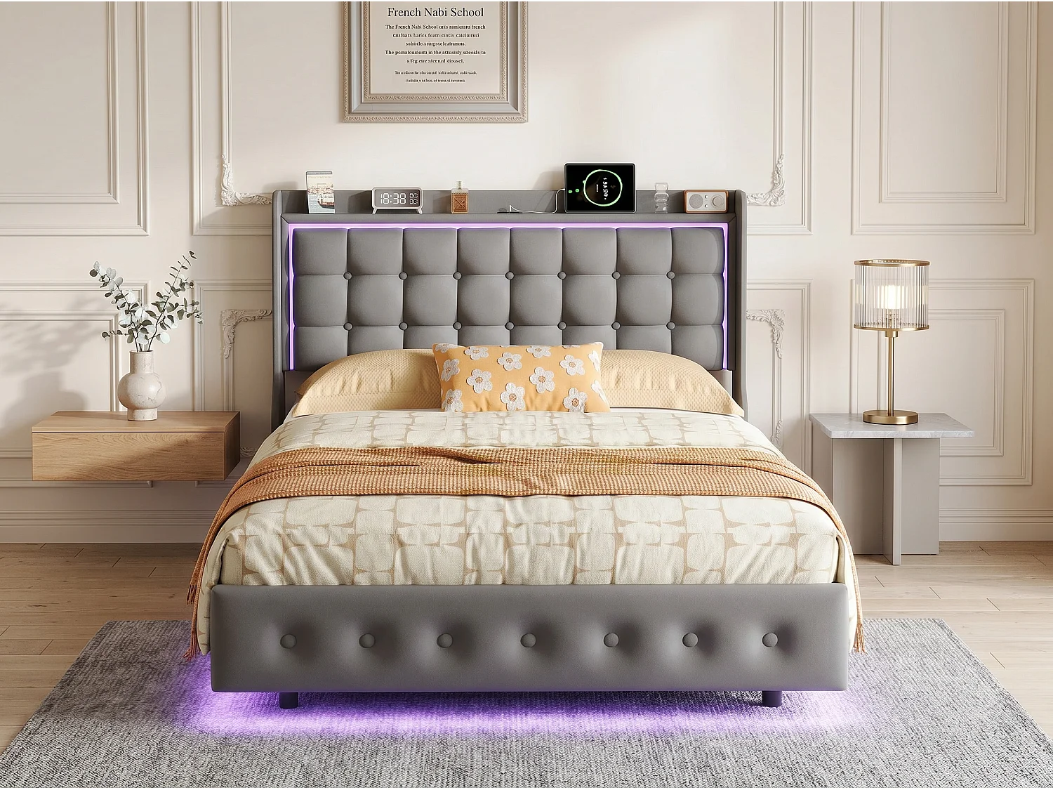 Lit double rembourré - Gris - LED et tête de lit capitonnée avec étagère
