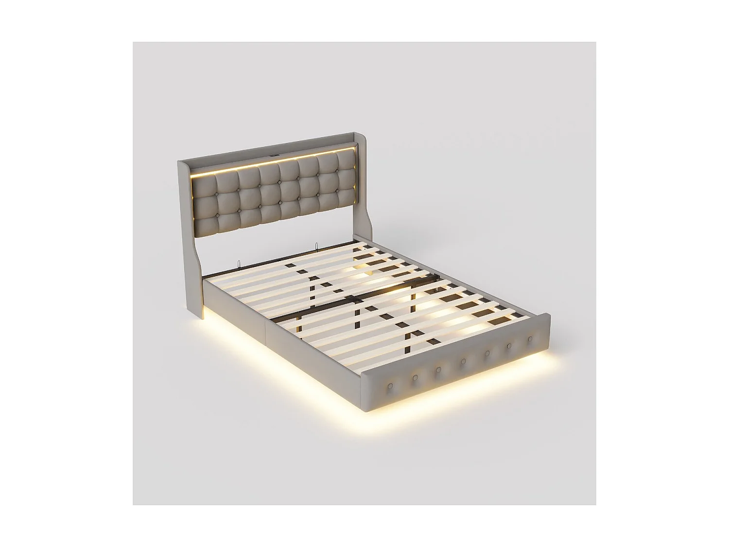 Lit double rembourré - Gris - LED et tête de lit capitonnée avec étagère