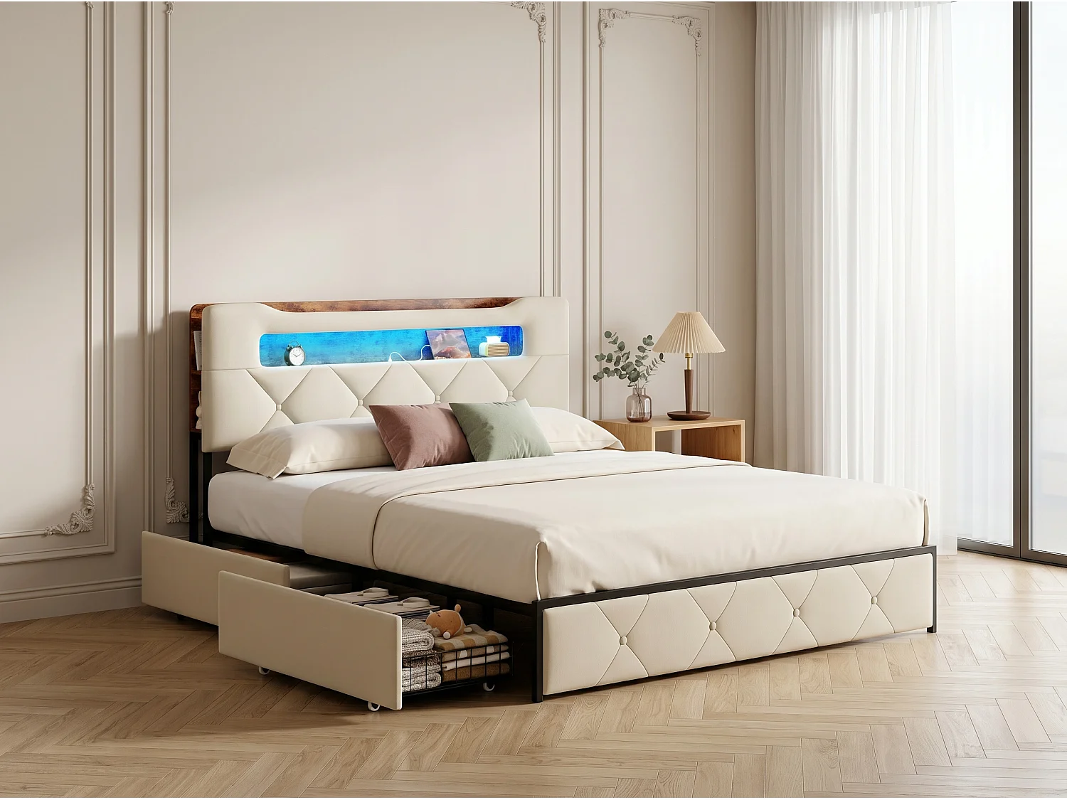 Lit avec 4 tiroirs - 140x200cm - avec LED, USB et tête de lit rangement - Beige