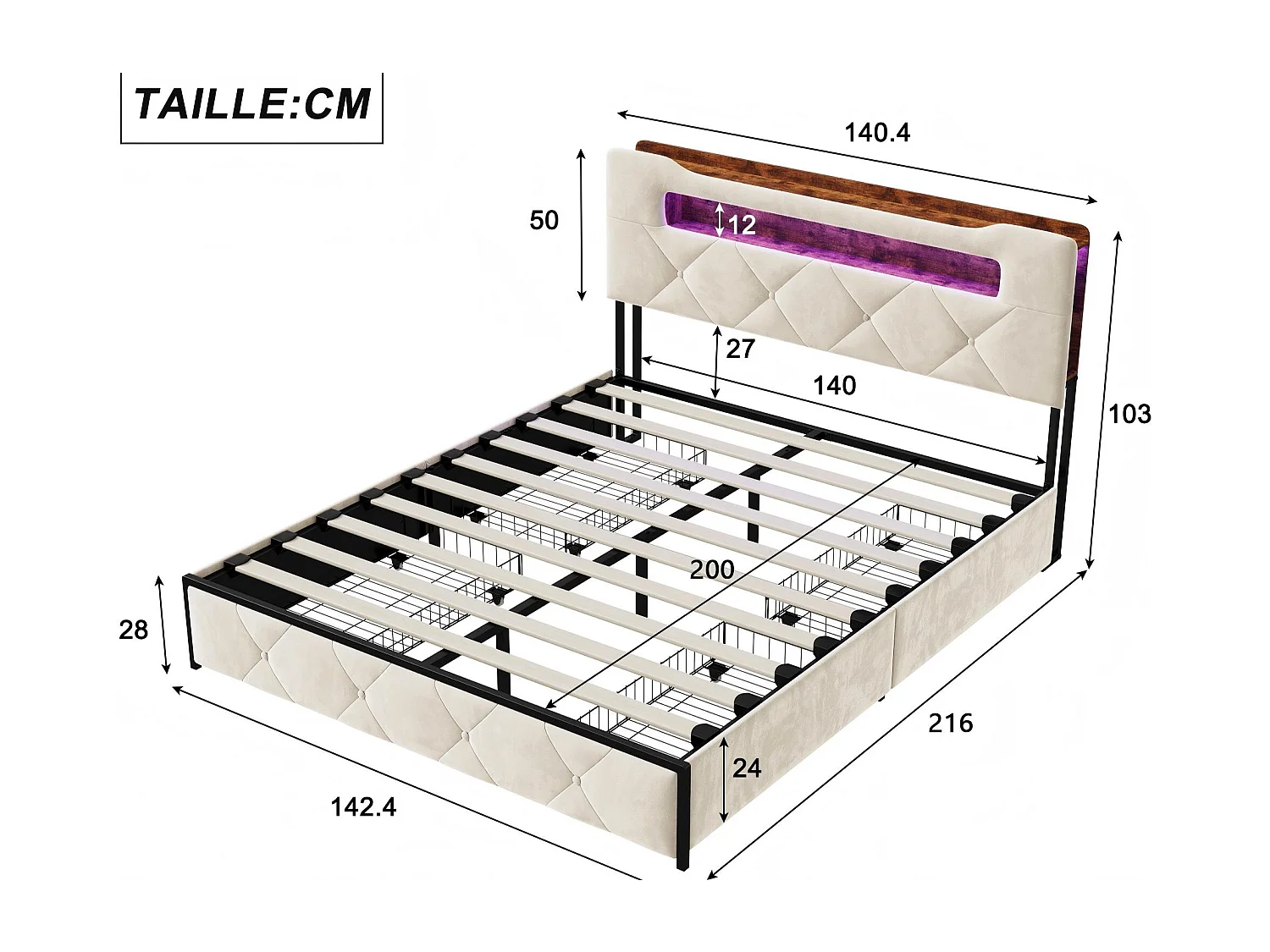 Lit avec 4 tiroirs - 140x200cm - avec LED, USB et tête de lit rangement - Beige
