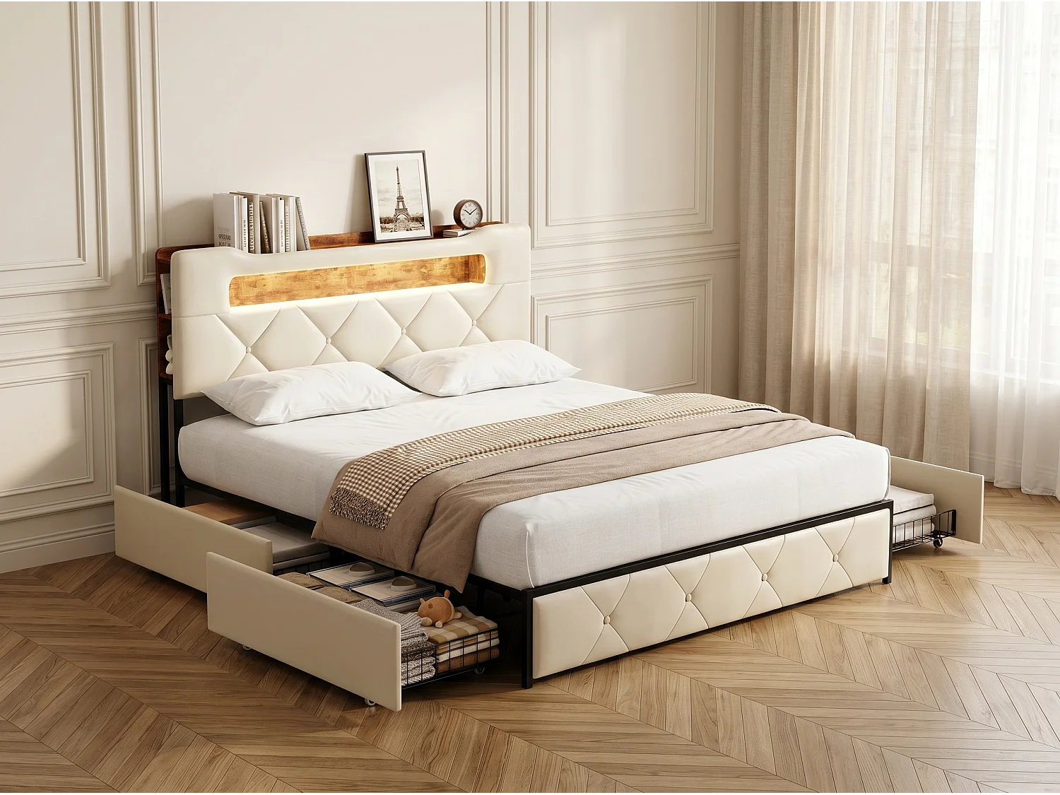 Lit avec 4 tiroirs - 140x200cm - avec LED, USB et tête de lit rangement - Beige