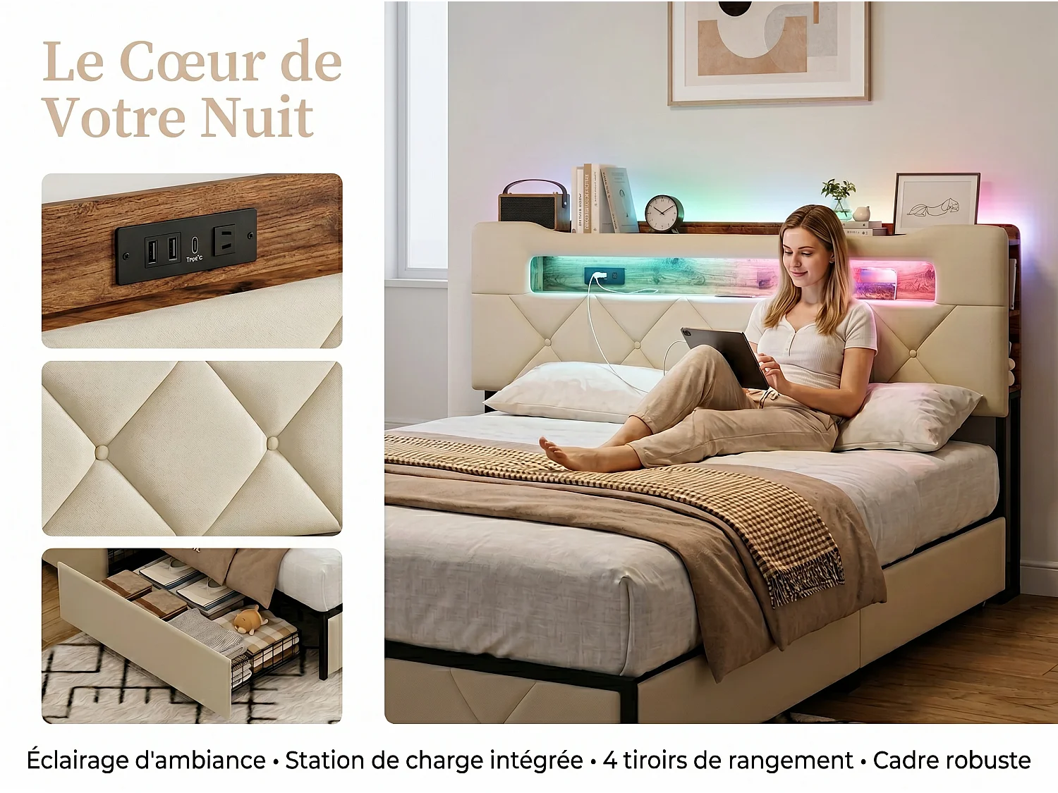 Lit avec 4 tiroirs - 140x200cm - avec LED, USB et tête de lit rangement - Beige