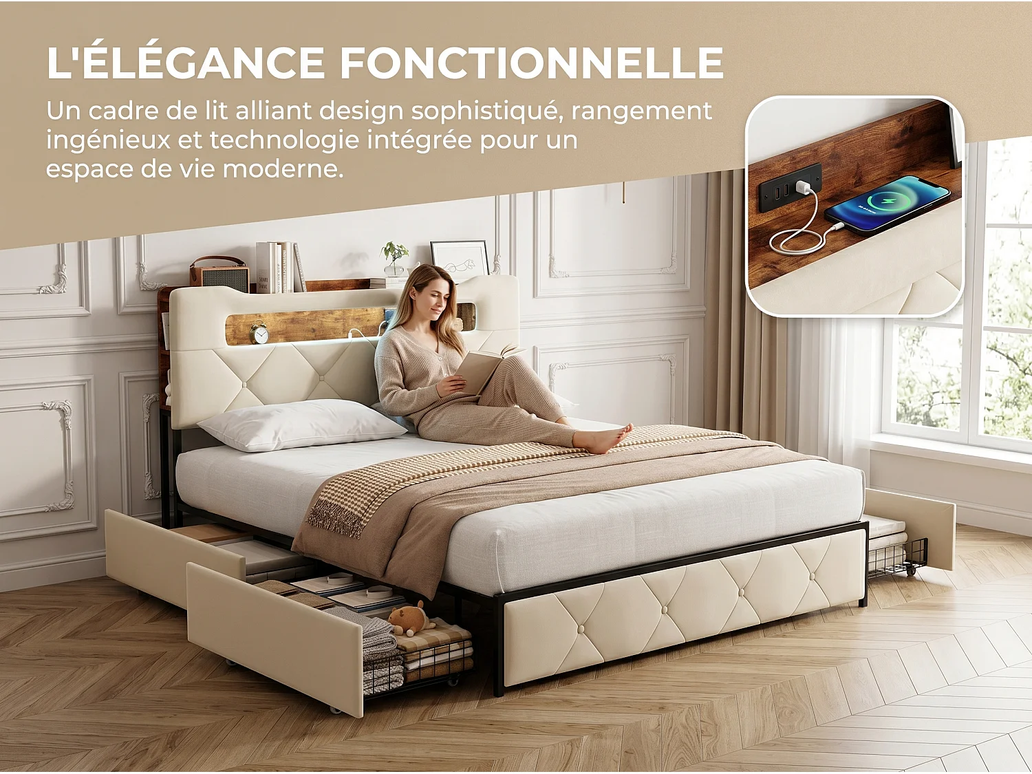 Lit avec 4 tiroirs - 140x200cm - avec LED, USB et tête de lit rangement - Beige
