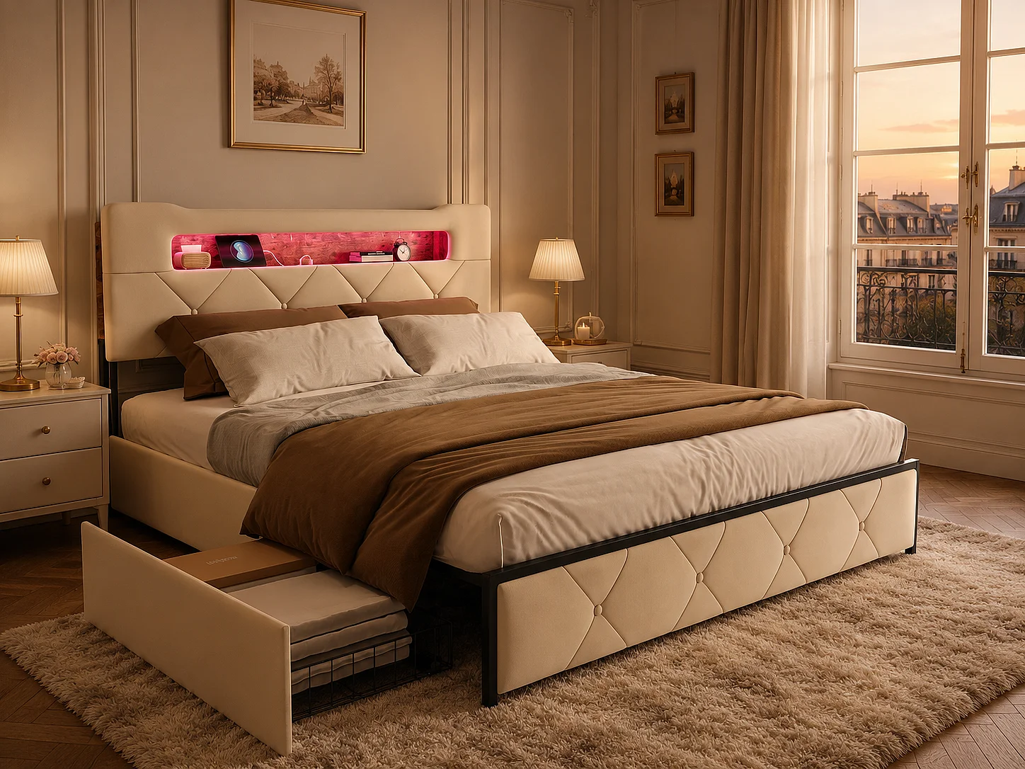 Lit avec 4 tiroirs - 140x200cm - avec LED, USB et tête de lit rangement - Beige