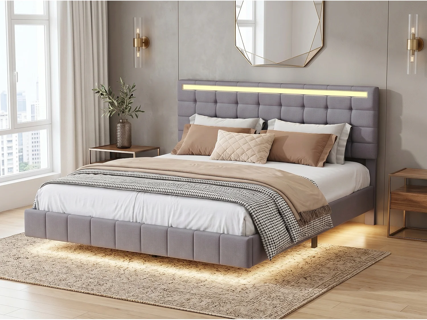 Lit flottant 160 x 200 cm - Tissu lin gris - LED, USB et tête de lit rembourrée