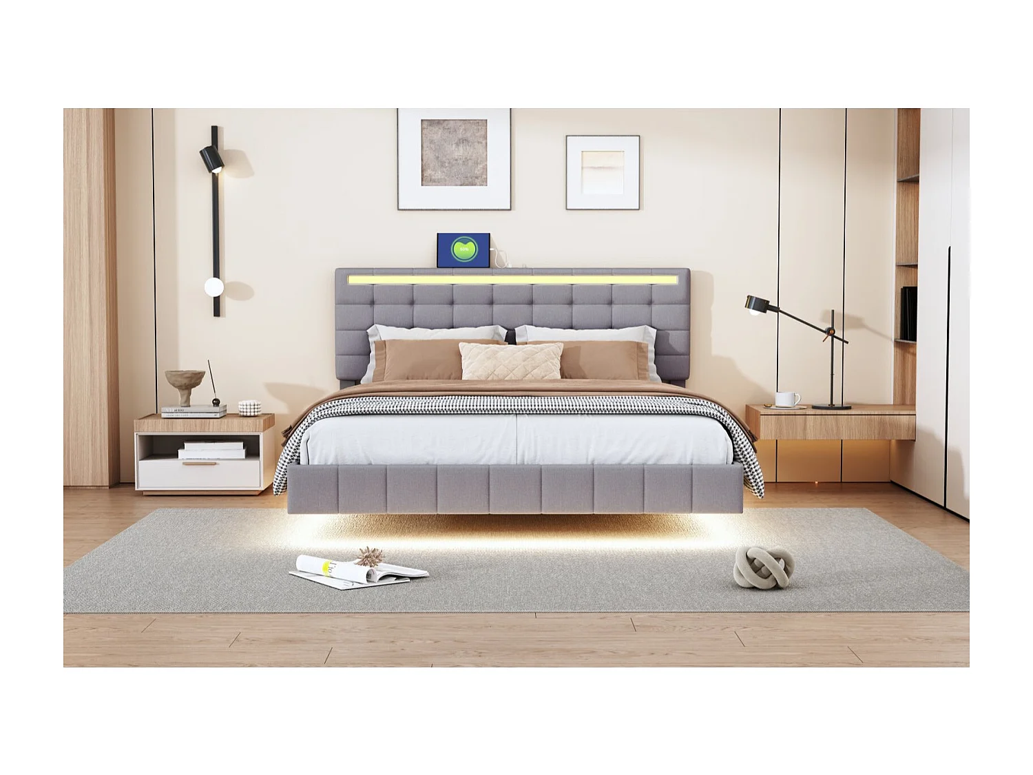 Lit flottant 160 x 200 cm - Tissu lin gris - LED, USB et tête de lit rembourrée