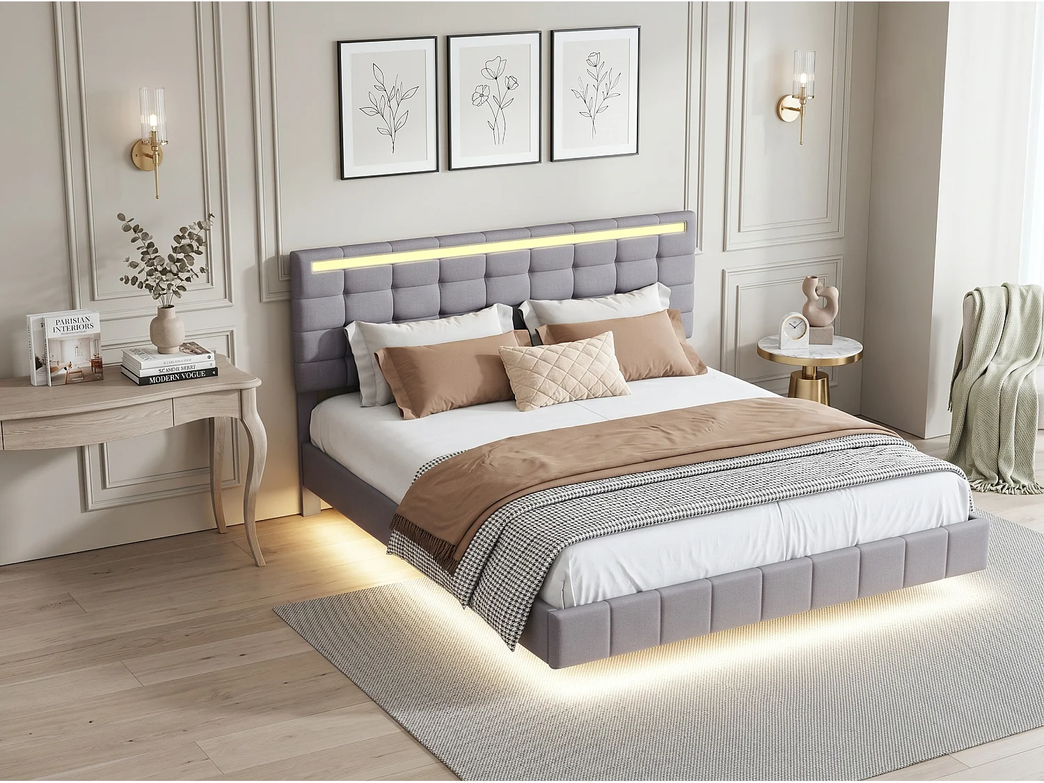 Lit flottant 160 x 200 cm - Tissu lin gris - LED, USB et tête de lit rembourrée