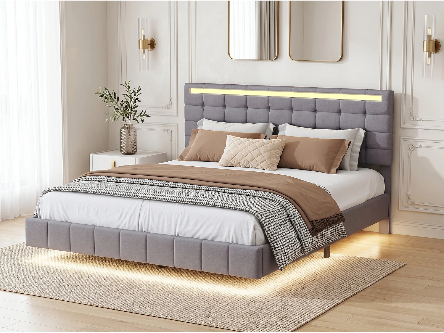 Lit flottant 160 x 200 cm - Tissu lin gris - LED, USB et tête de lit rembourrée