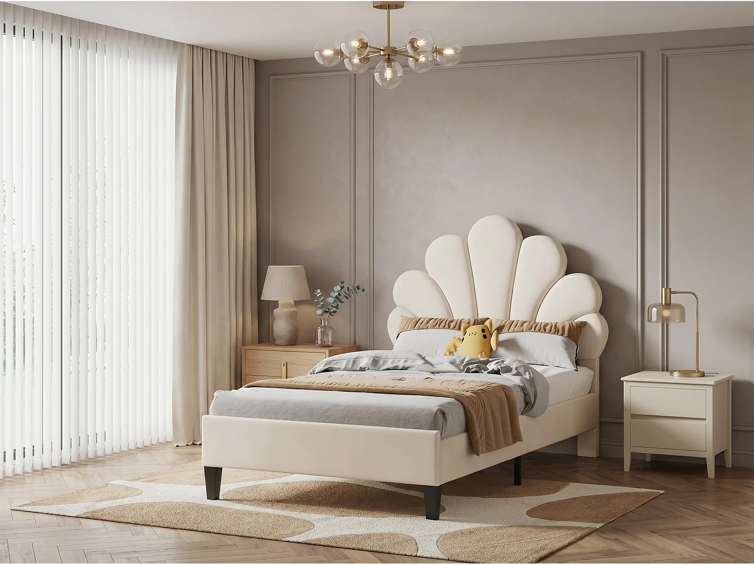 Lit enfant - 90 x 200 cm - Tête de lit fleur rembourrée en velours - Beige avec sommier