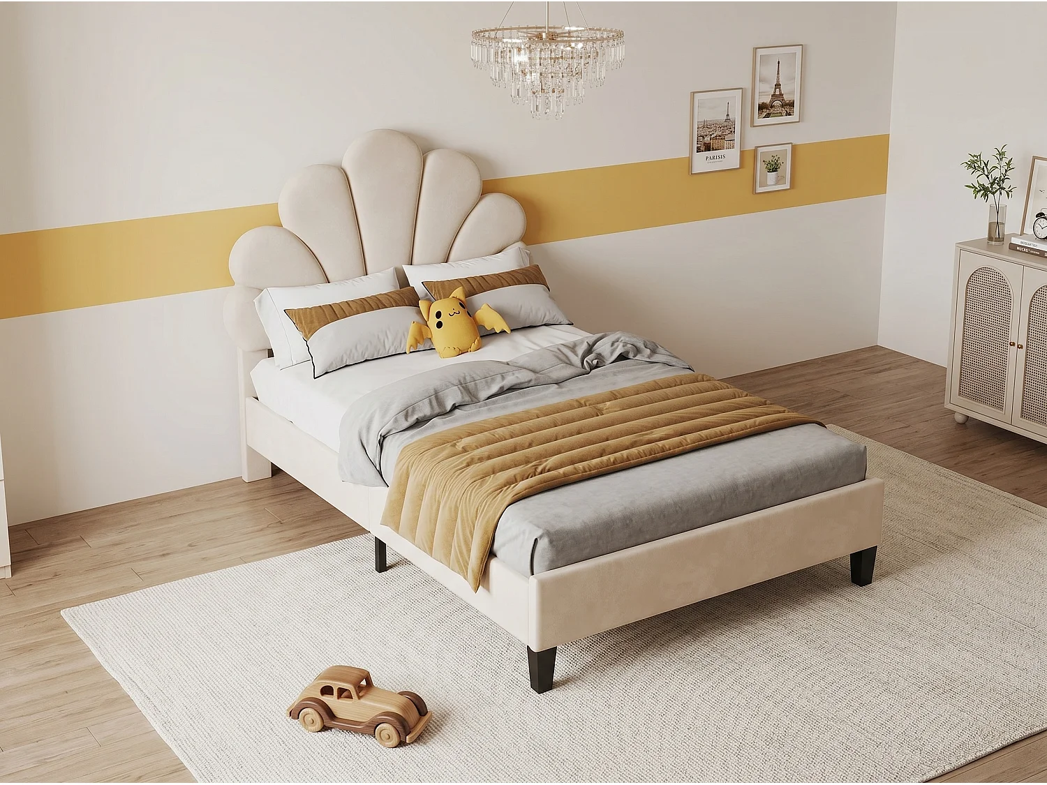 Lit enfant - 90 x 200 cm - Tête de lit fleur rembourrée en velours - Beige avec sommier
