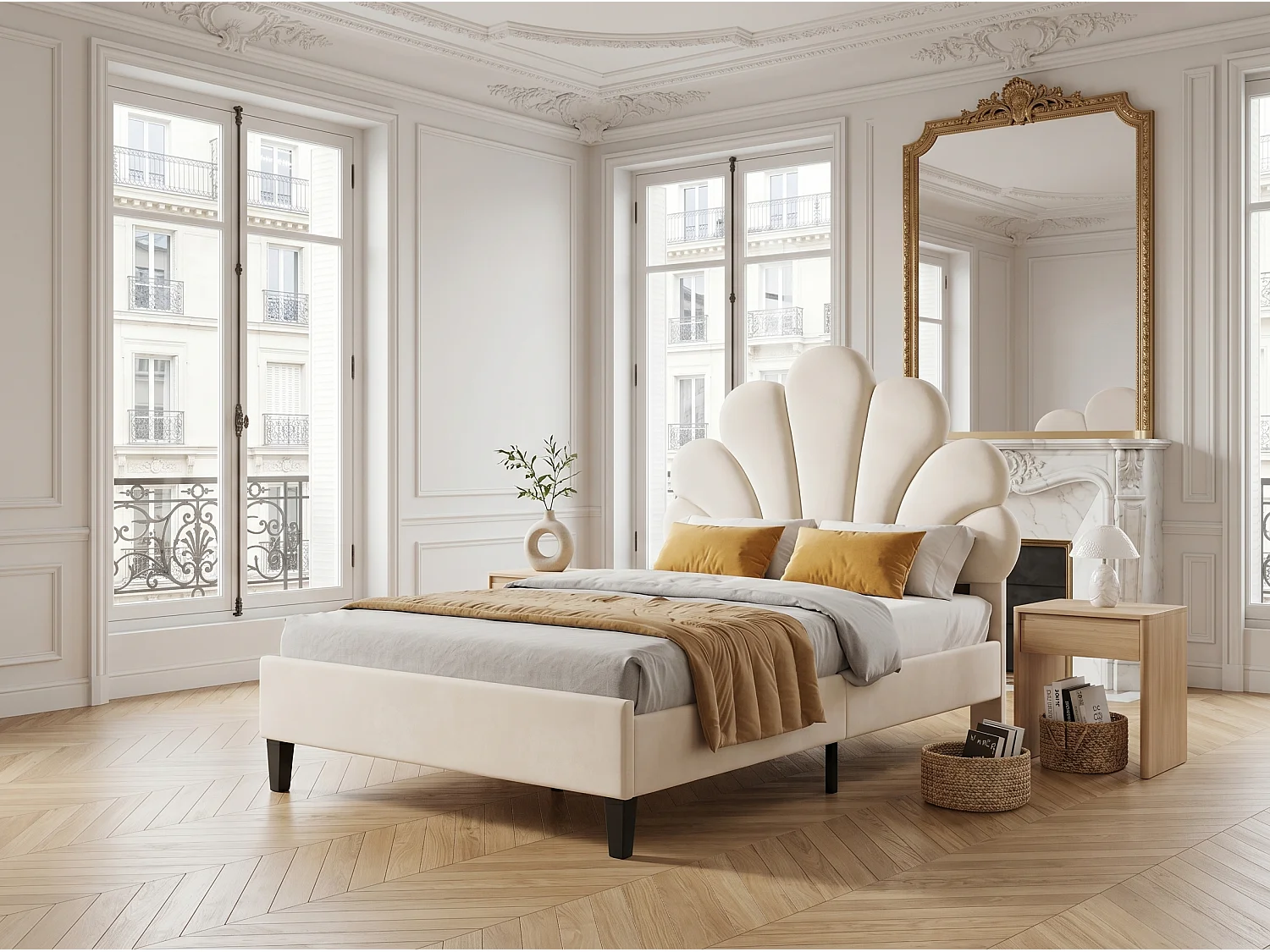 Lit enfant - 90 x 200 cm - Tête de lit fleur rembourrée en velours - Beige avec sommier